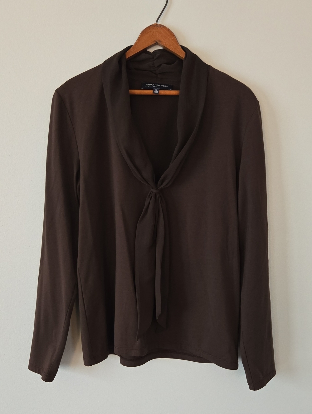 Jones of New York Signature Brown cotton knit draped tie neckline